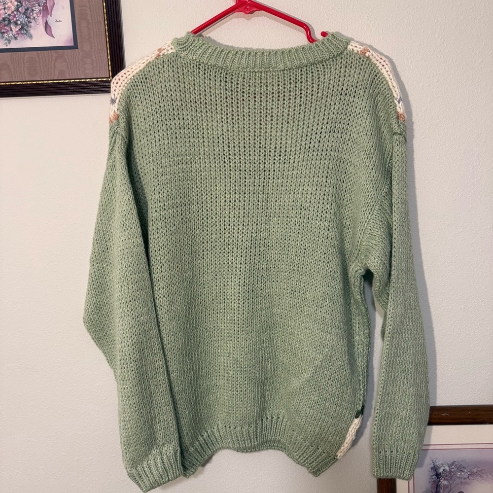 Green and Pink Vintage Grannycore Ramie Cotton Floral Sweater women’s Medium - Picture 4 of 4